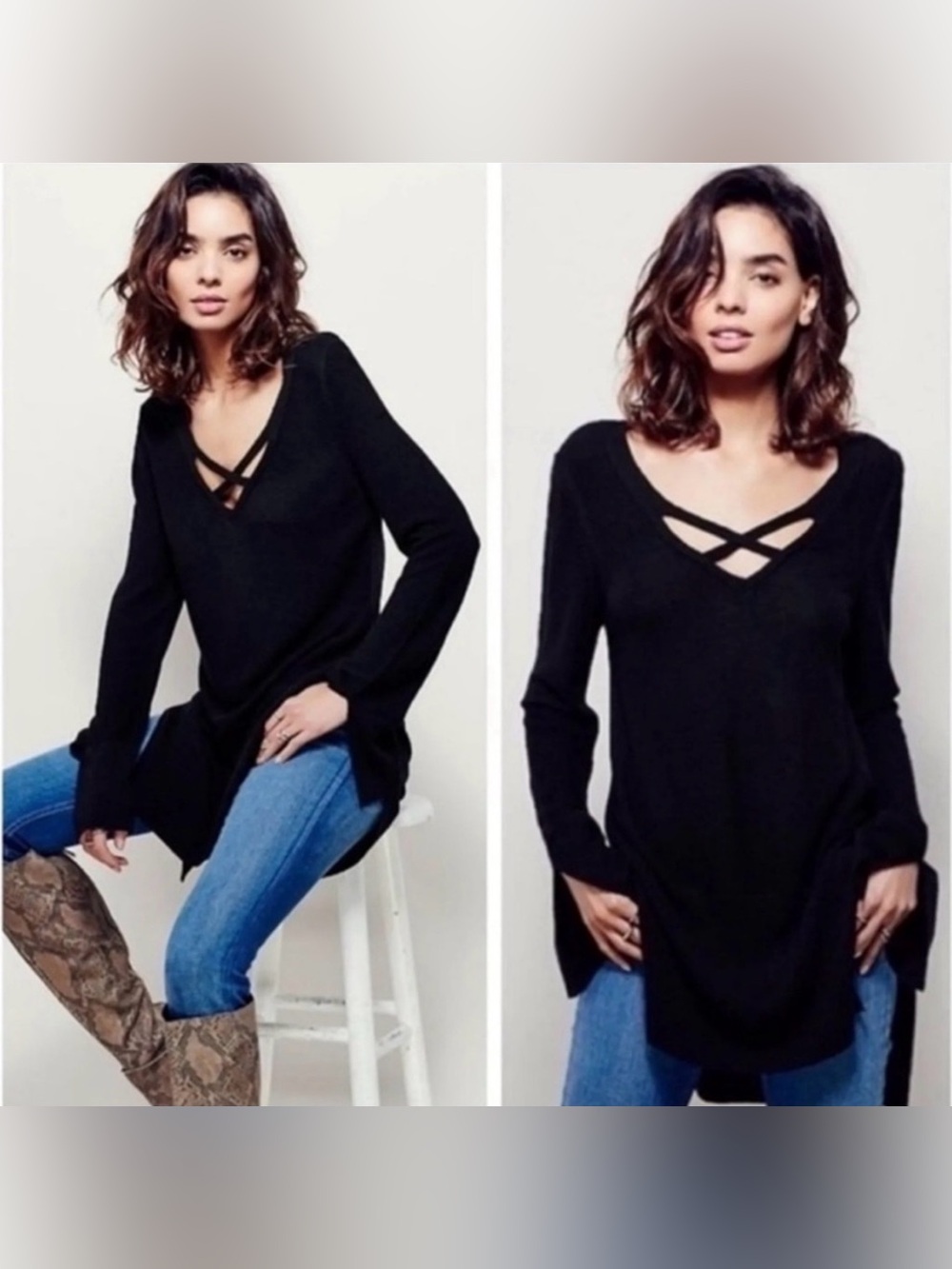 Free People Black Crisscross V-Neck Tunic